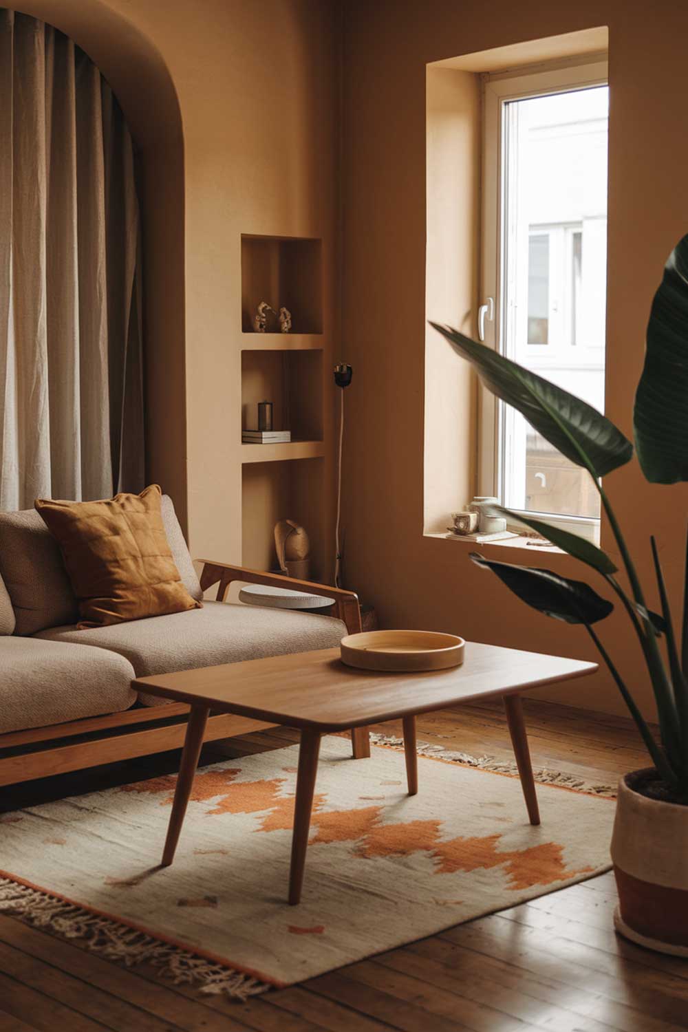 A cozy minimalist living room with earth tones. There's a beige sofa with a few pillows, a wooden coffee table, and a large plant in the corner. The walls are painted in a warm beige hue. There's a small white shelf near the window, displaying a few items. The room has wooden flooring. There's a rug with a beige and orange pattern near the sofa. The window has a white frame and is covered with a beige curtain.