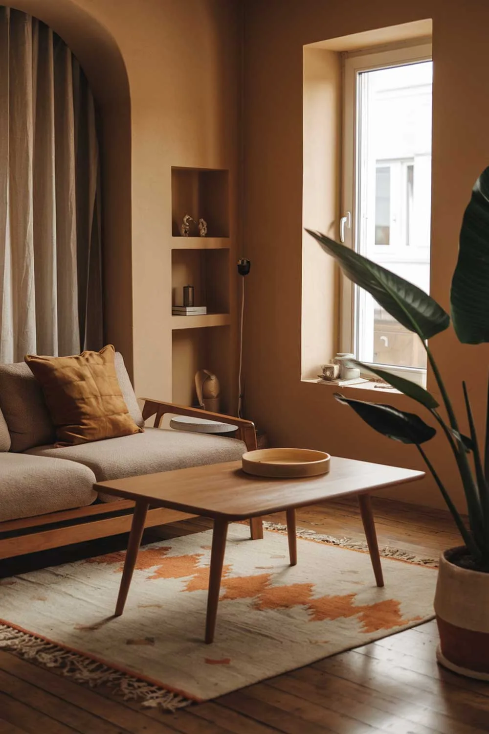 25 Inspiring Minimalist Living Room Ideas with Earth Tones 23 A cozy minimalist living room with earth tones. There's a beige sofa with a few pillows, a wooden coffee table, and a large plant in the corner. The walls are painted in a warm beige hue. There's a small white shelf near the window, displaying a few items. The room has wooden flooring. There's a rug with a beige and orange pattern near the sofa. The window has a white frame and is covered with a beige curtain.