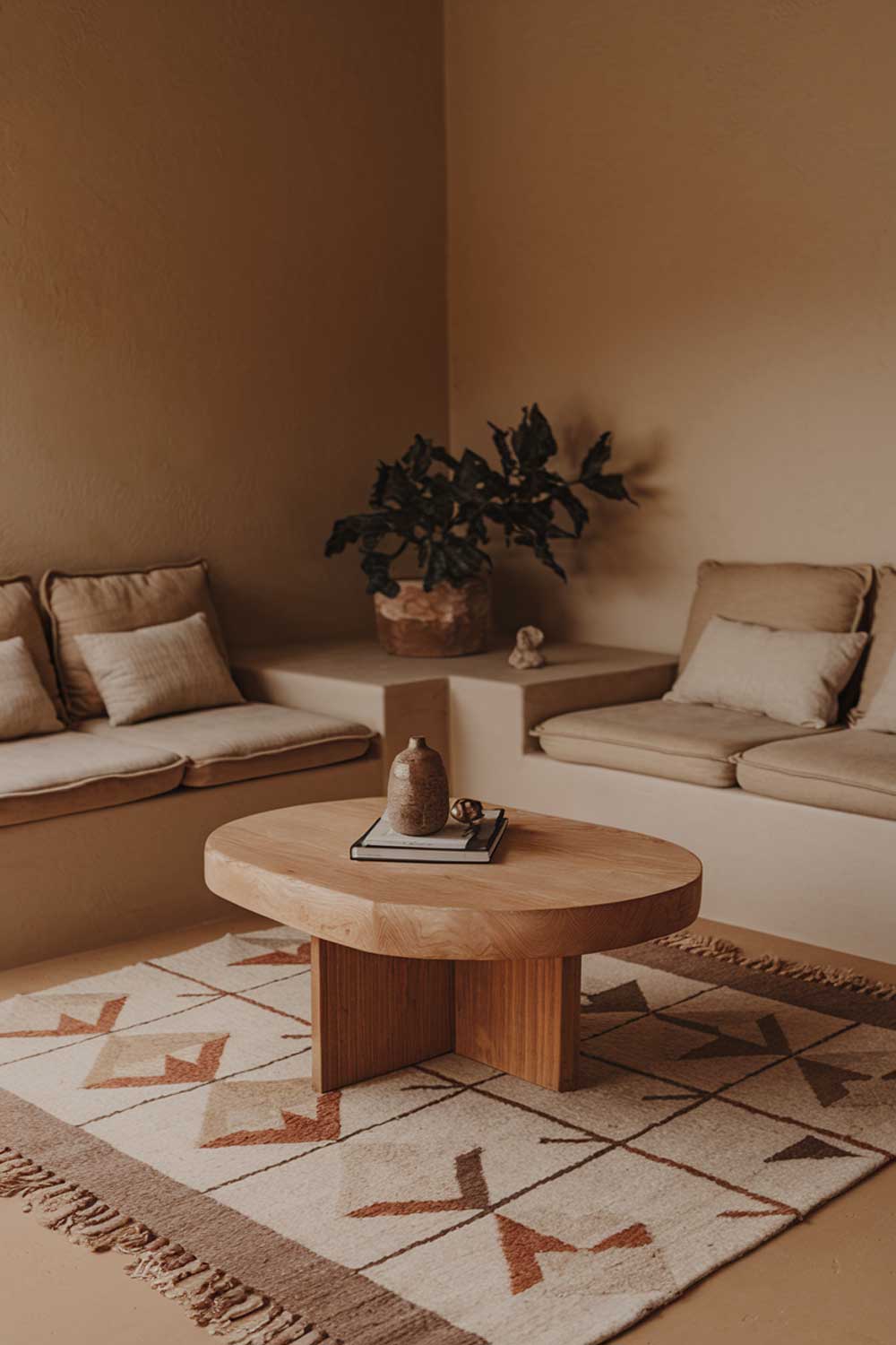 A cozy minimalist living room with earth tones. There's a beige sofa with cushions and a wooden coffee table in the center. A potted plant and a decorative object are placed on the table. The room has a rug with a geometric pattern in beige, gray, and brown. The walls are painted in a warm beige hue.