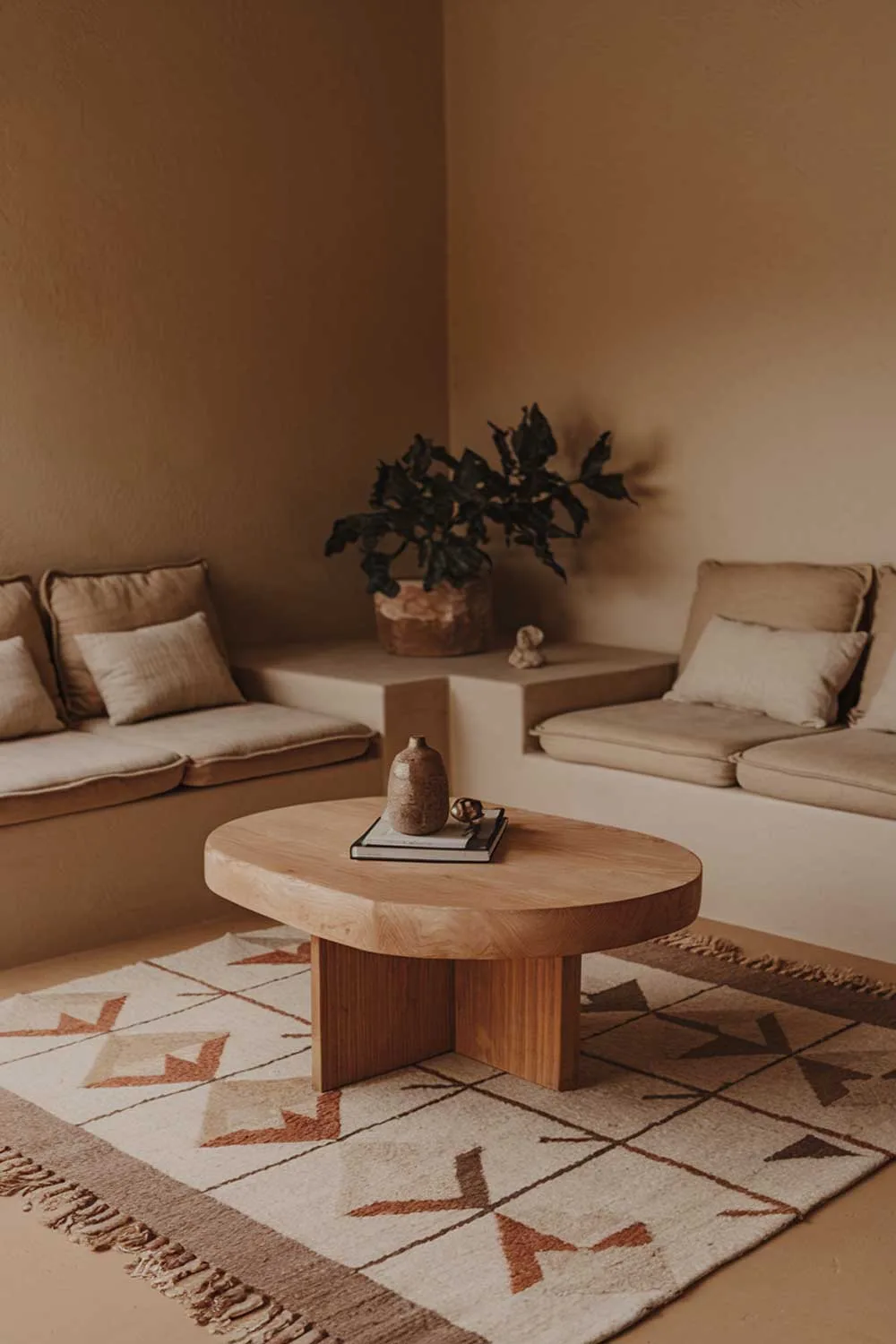 25 Inspiring Minimalist Living Room Ideas with Earth Tones 25 A cozy minimalist living room with earth tones. There's a beige sofa with cushions and a wooden coffee table in the center. A potted plant and a decorative object are placed on the table. The room has a rug with a geometric pattern in beige, gray, and brown. The walls are painted in a warm beige hue.