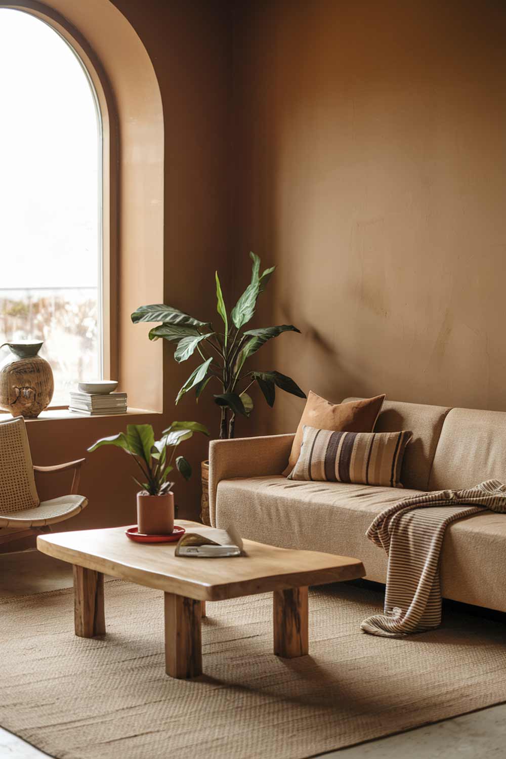 A minimalist earth tones living room