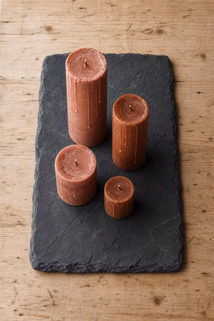 Overhead view of terracotta pillar candles grouped on a rough slate board on a bare pine dining table