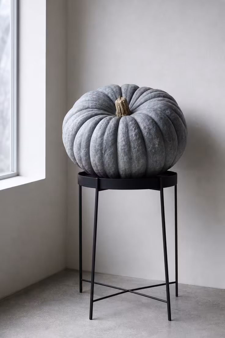 One large blue-grey Jarrahdale pumpkin sitting on a black iron plant stand against a white wall in cool morning light