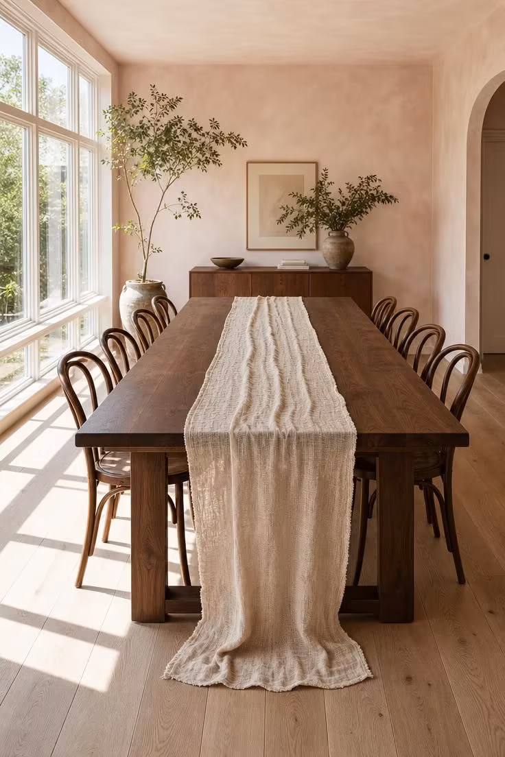 Wide view of a walnut dining table with only a draped oat-colored muslin runner in bright midday sunlight