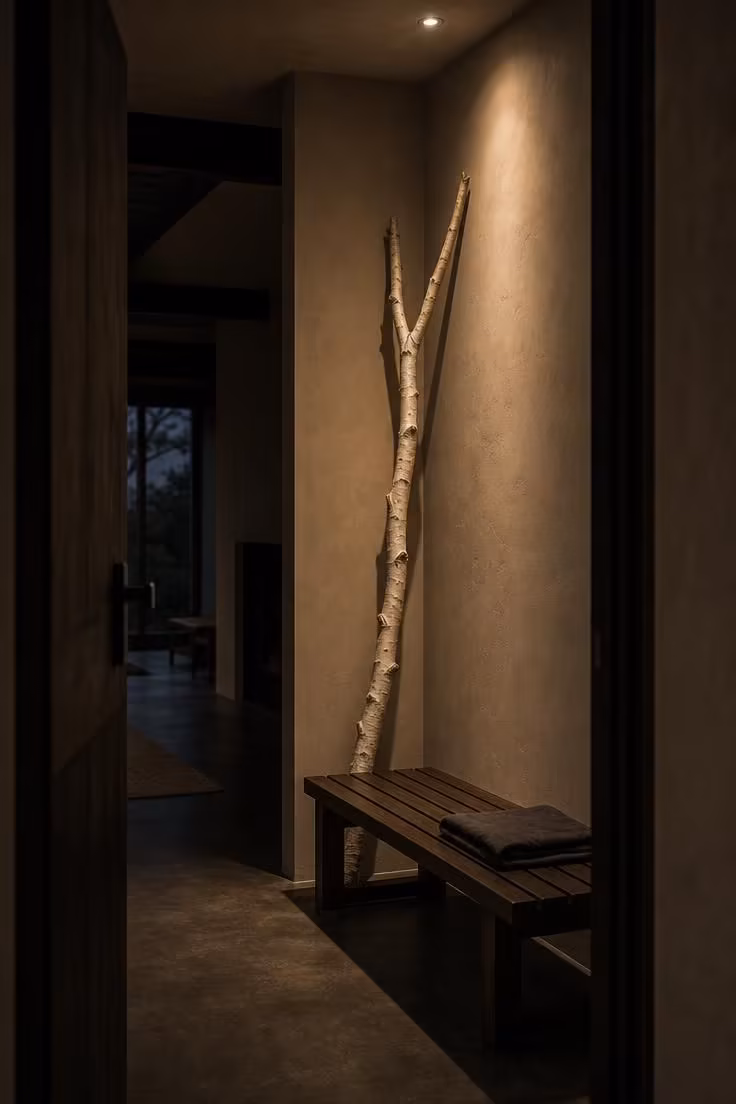 A tall forked birch branch propped in an entry corner behind a low oak bench in dim evening light