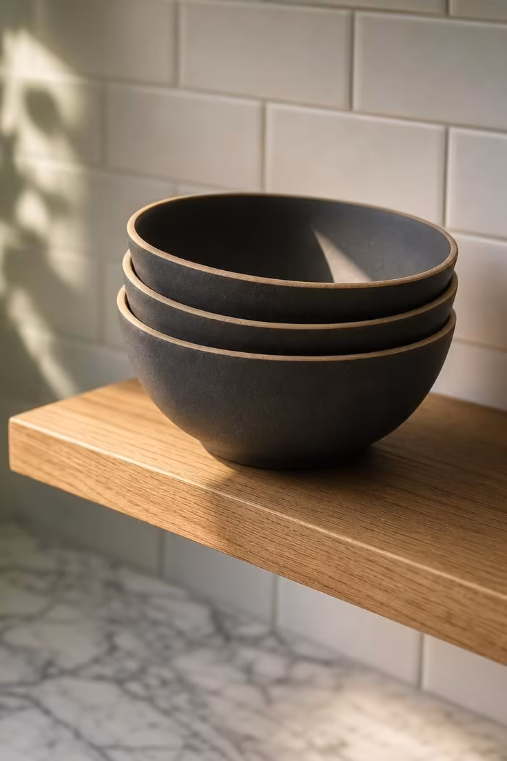 Close-up of three matte charcoal stoneware bowls stacked on a floating oak kitchen shelf in warm side light