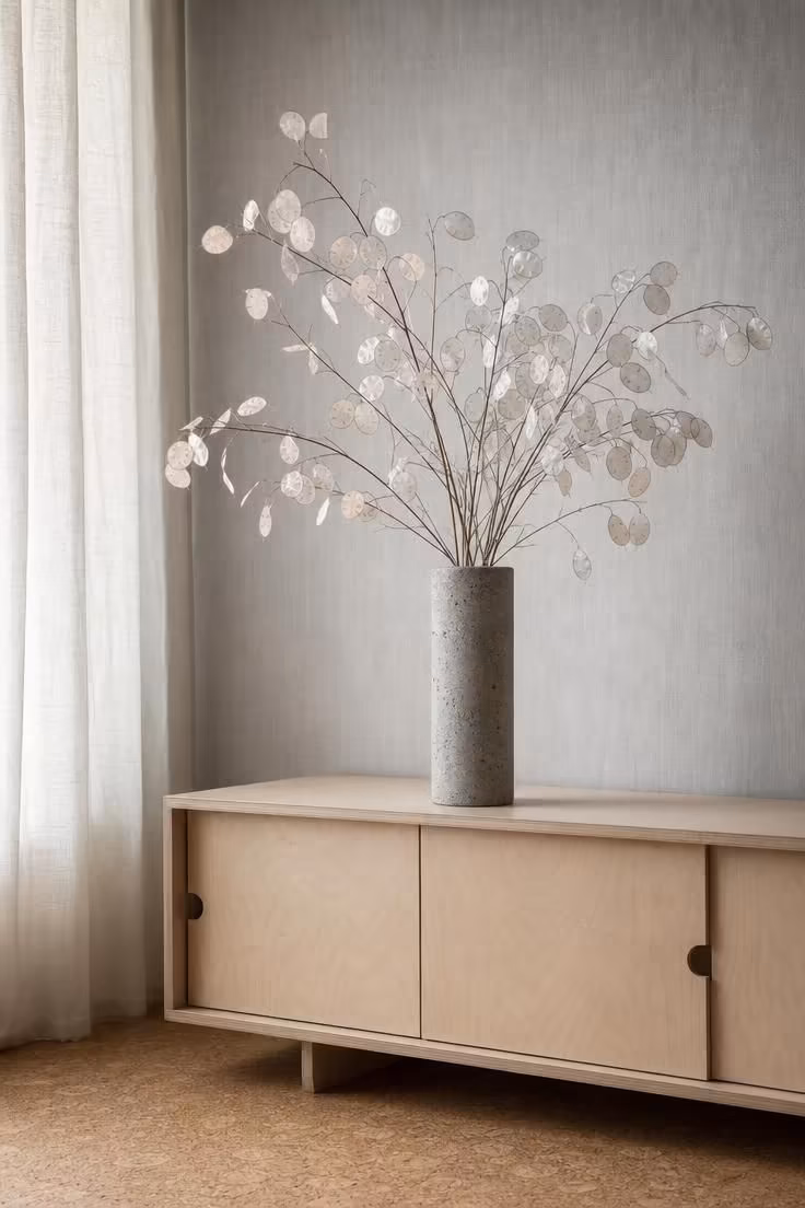 Dried lunaria stems in a brushed concrete cylinder vase on a birch credenza in soft diffused light