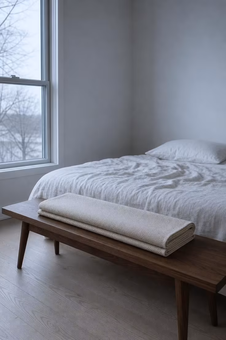 Wide view of a cream wool throw folded across a walnut bench at the foot of a bed in cool overcast light