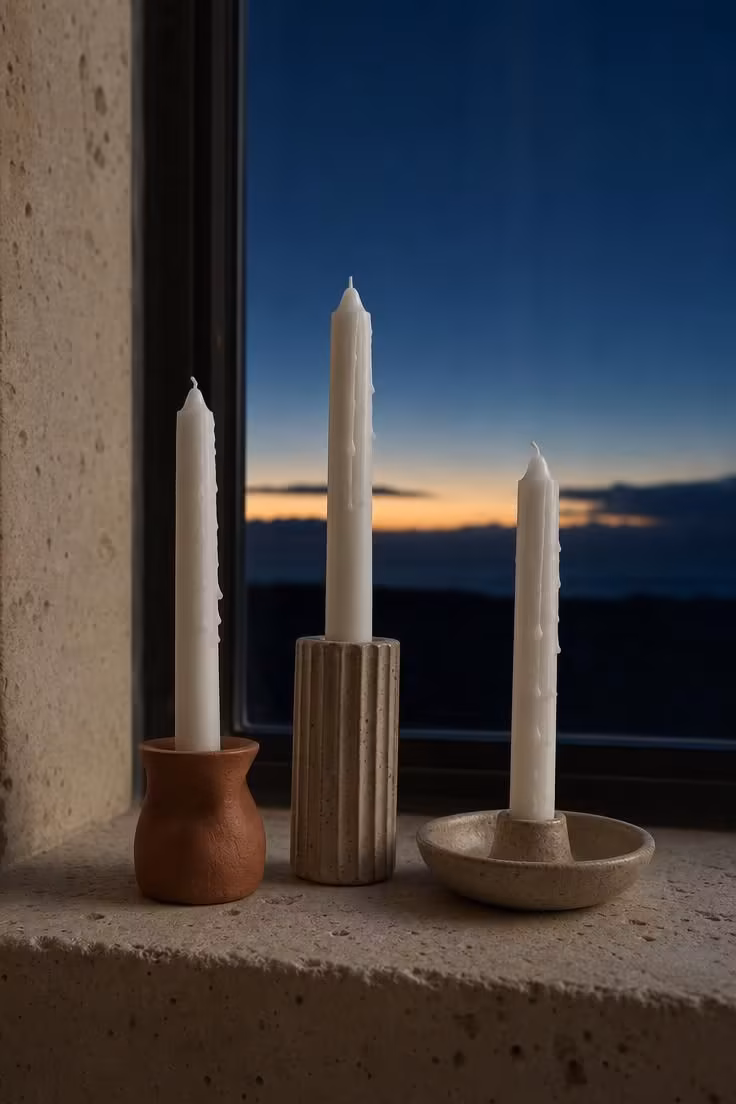 Three white taper candles in mismatched clay holders lined along a stone windowsill at dusk