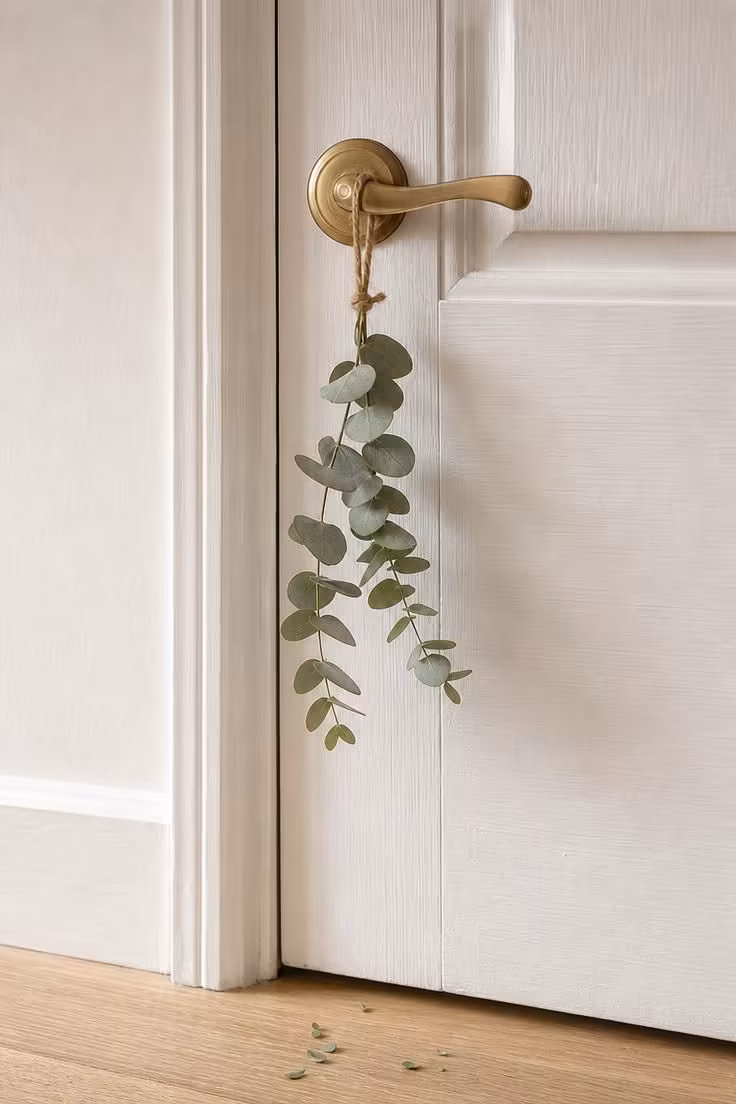 A single eucalyptus sprig tied with jute twine to a brass door handle on a white door in soft diffused light