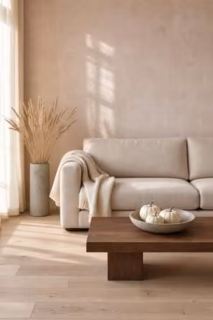 A bright minimalist living room with a linen sofa, cream throw, and a stoneware bowl of white pumpkins on a walnut coffee table in soft morning light