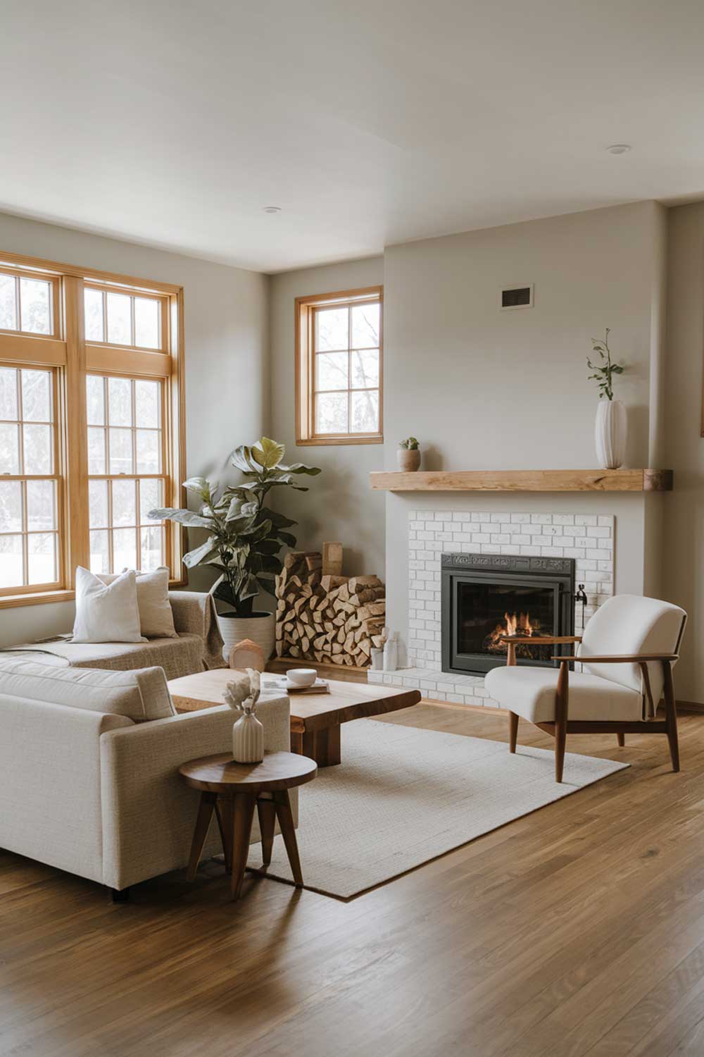 A photo of a cozy minimalist living room with a fireplace. The room has a wooden floor, a beige sofa, a white chair, and a wooden coffee table. There's a plant in the corner. The walls are painted light gray. The fireplace has a wooden mantel and a white surround. The room has large windows with wooden frames.