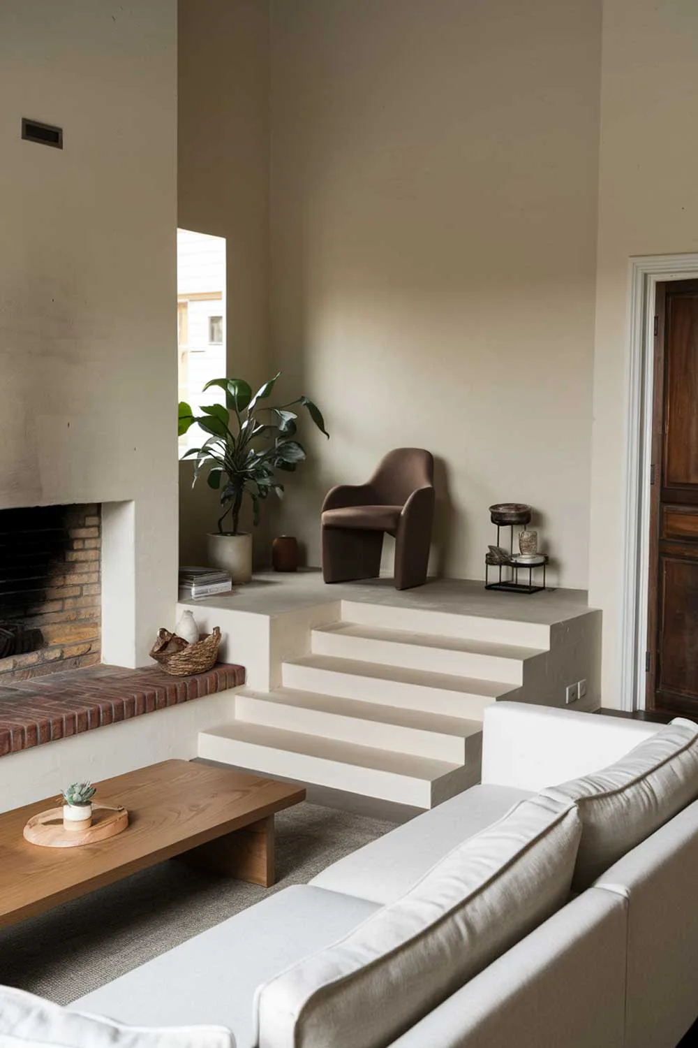 A photo of a cozy minimalist living room with a fireplace. There's a white sofa and a brown chair near the fireplace. A few steps lead up to a level platform, where a plant and a decorative object sit. A wooden coffee table is placed in front of the sofa. The walls are painted beige. A door to the right leads to another room