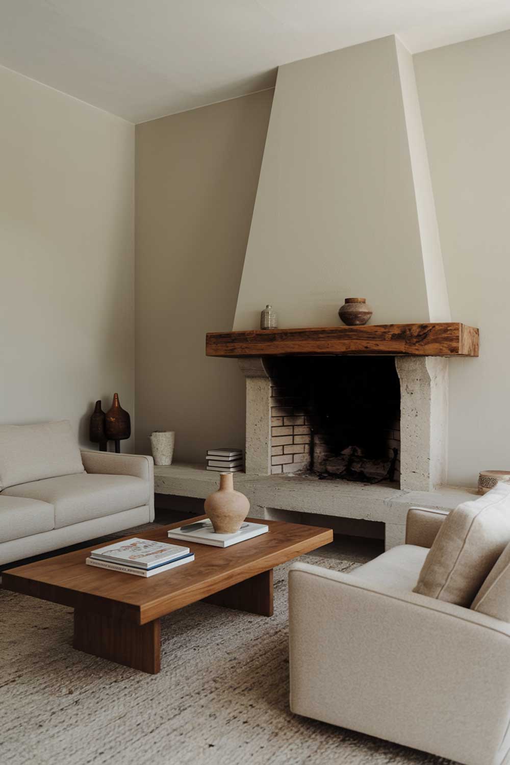 A minimalist living room with a cozy fireplace. There is a beige sofa and a wooden coffee table in the middle of the room. A few books and a decorative vase sit on the table. The walls are painted in a light grey color. A small rug is placed in front of the fireplace. The fireplace has a wooden mantelpiece and is made of stone.