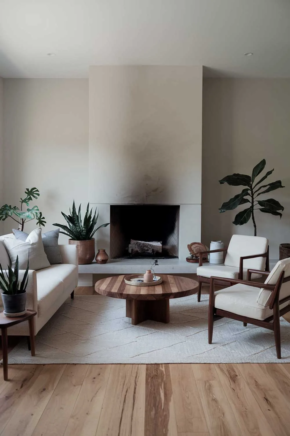 A cozy modern minimalist living room with a fireplace. The room has a wooden floor, a white sofa, and a few white chairs. There's a wooden coffee table in the middle. A few potted plants and a few decorative items are placed around the room. The fireplace has a few logs inside. The walls are painted a light gray color.