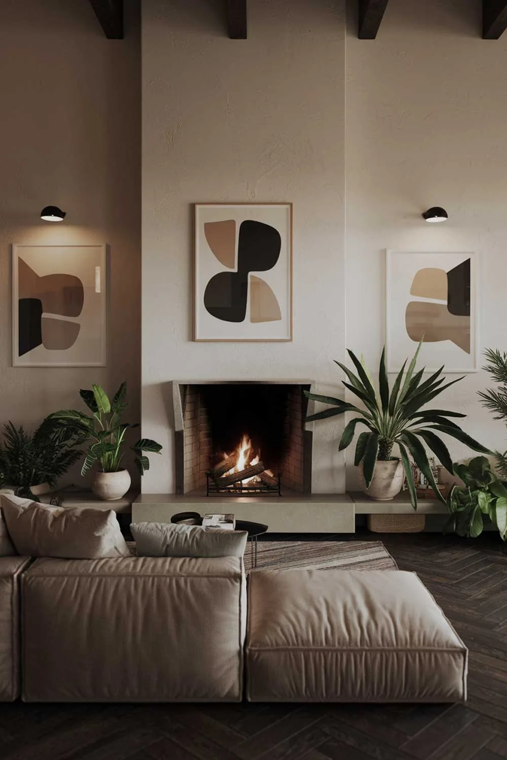 A cozy modern minimalist living room with a fireplace. There is a comfortable sofa in front of the fireplace, with a few throw pillows. A small coffee table sits in front of the sofa. The walls are adorned with a few pieces of abstract art. The room has a few potted plants, adding a touch of nature. The floor is made of dark wooden planks. The lighting is warm.