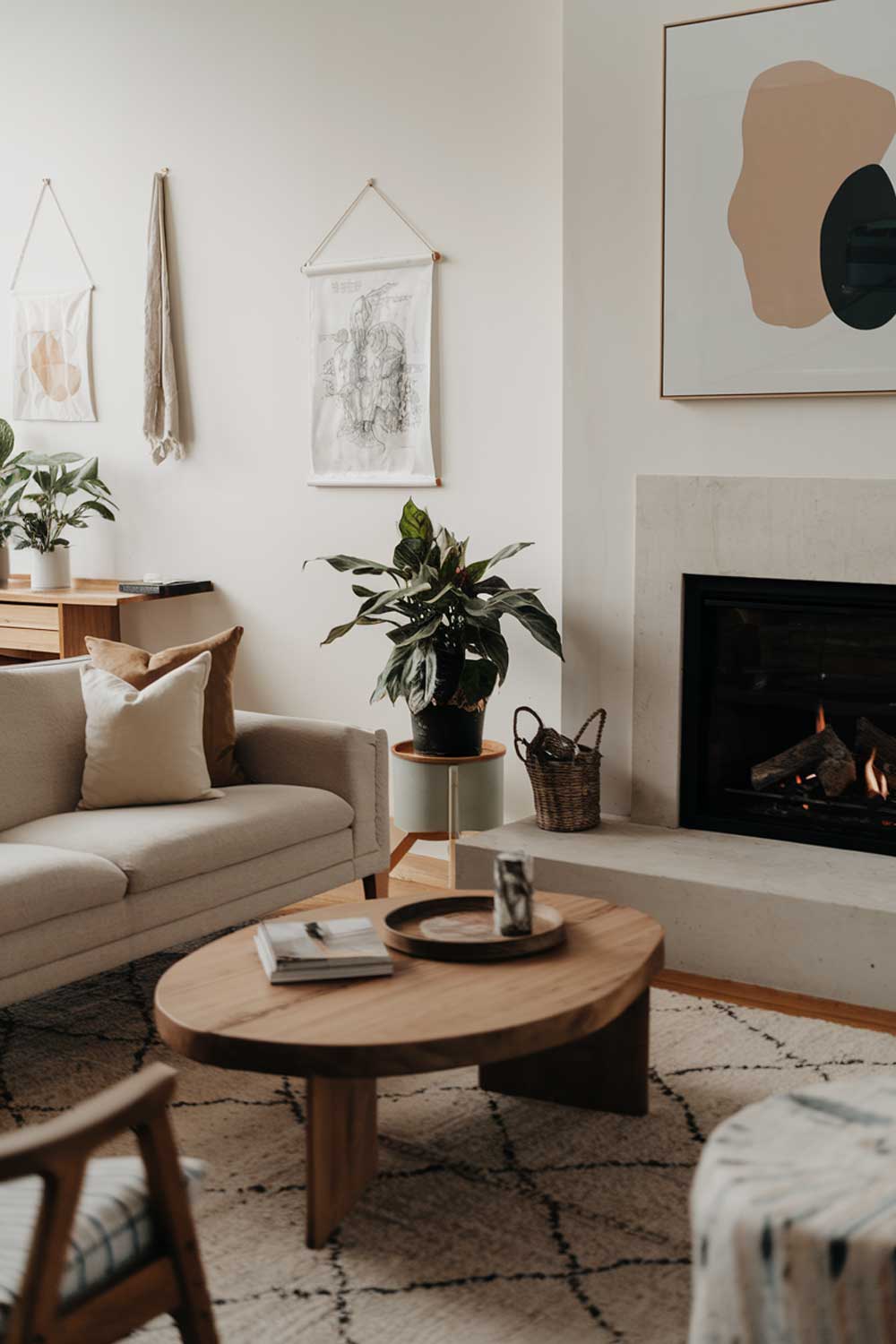 A cozy modern minimalist living room with a fireplace. There's a beige sofa with a few pillows, a wooden coffee table in the middle of the room, and a potted plant. A few artwork pieces are hanging on the wall. There's a rug beneath the coffee table.