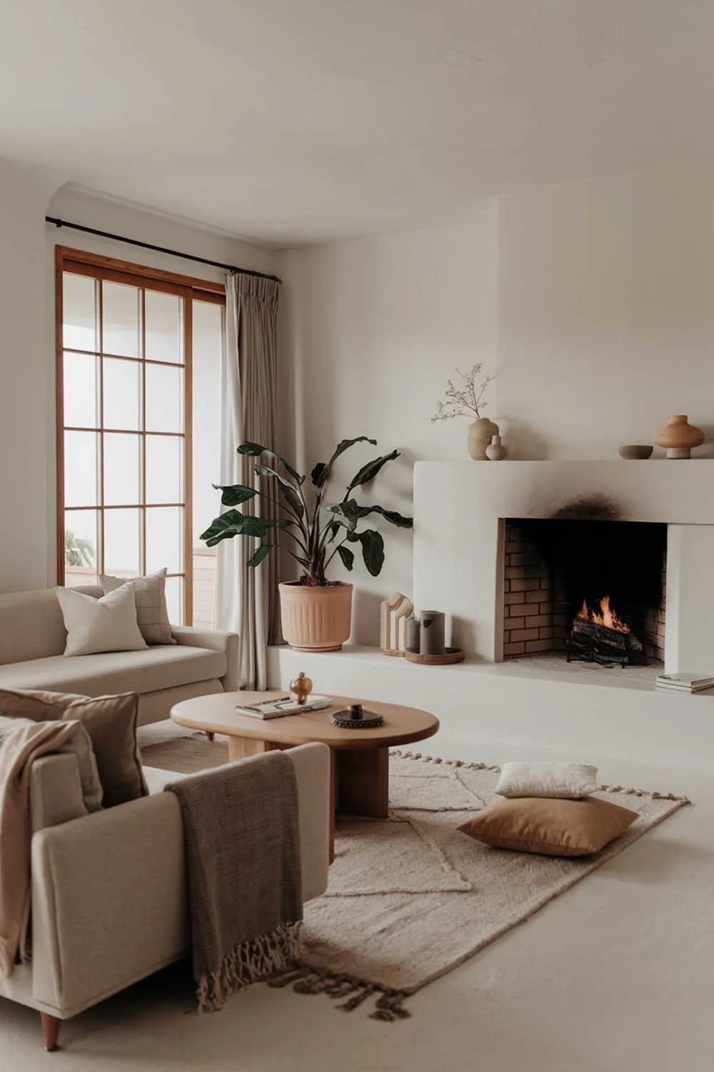 A cozy modern minimalist living room with a fireplace. There's a beige sofa with a few cushions, a wooden coffee table, and a potted plant. A few decorative items are placed on the mantel above the fireplace. The walls and floor are painted white, and there's a rug in front of the fireplace. There's a large window with a wooden frame and a curtain.