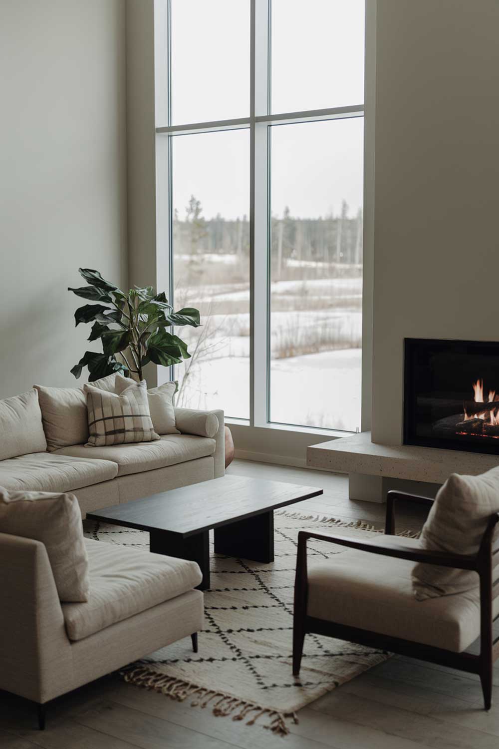 A cozy modern minimalist living room with a fireplace. The room has a large window with a view of a snowy landscape. There's a comfortable beige sofa with cushions and a matching armchair. A dark wooden coffee table is placed in front of the sofa. A rug with a geometric pattern is placed under the furniture. A potted plant is placed near the window. The walls are painted a soft gray color.