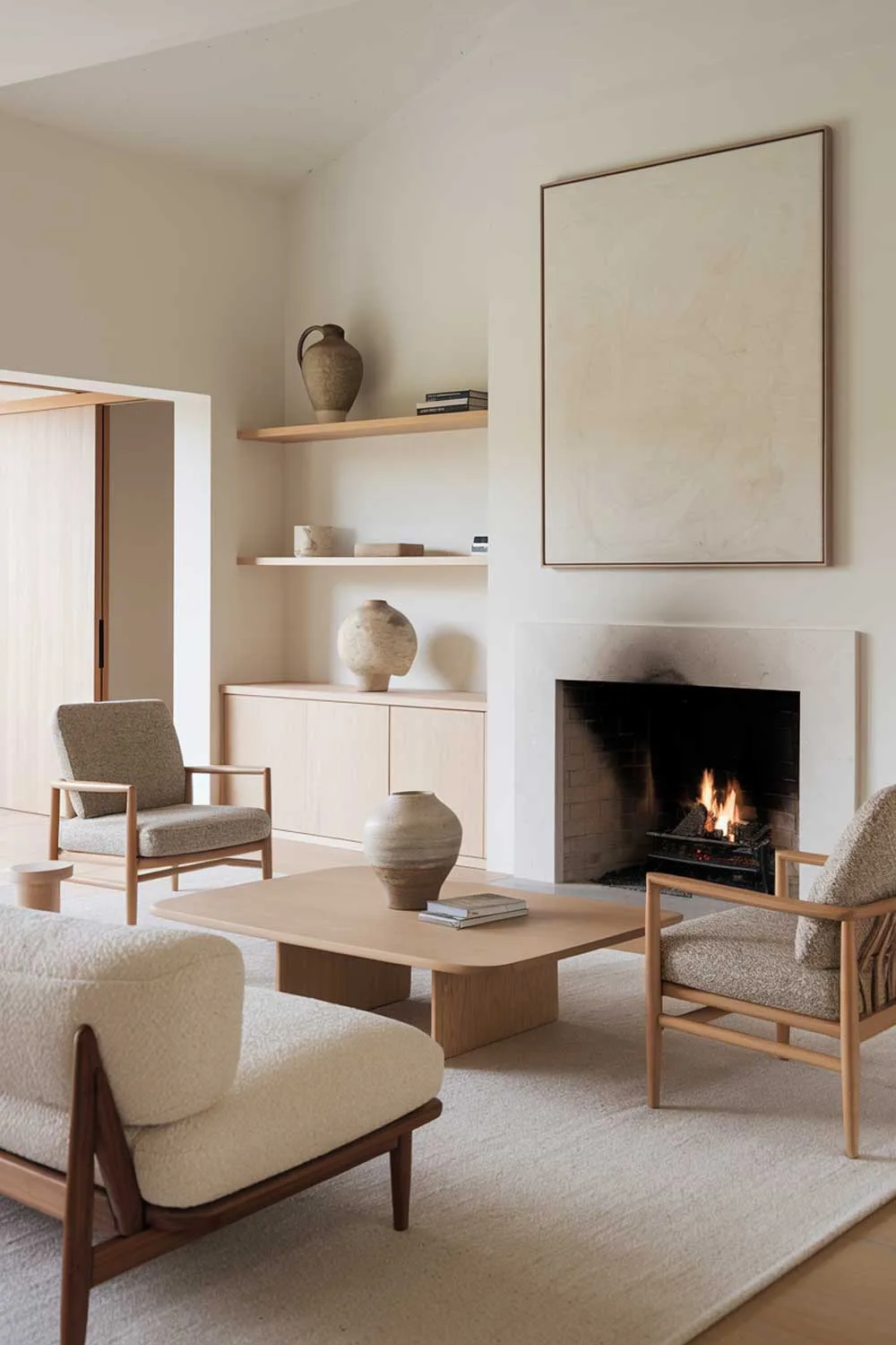 A cozy japandi minimalist living room with a fireplace. There's a plush beige couch with wooden legs, a few chairs with a patterned cushion, and a low wooden coffee table in the middle. A few decorative items, including a large ceramic vase and a few smaller ones, are placed on the table and a nearby shelf. The walls are painted white, and there's a large, abstract painting above the fireplace. The wooden elements, including the floor, the shelves, and the furniture, have a light, natural hue.