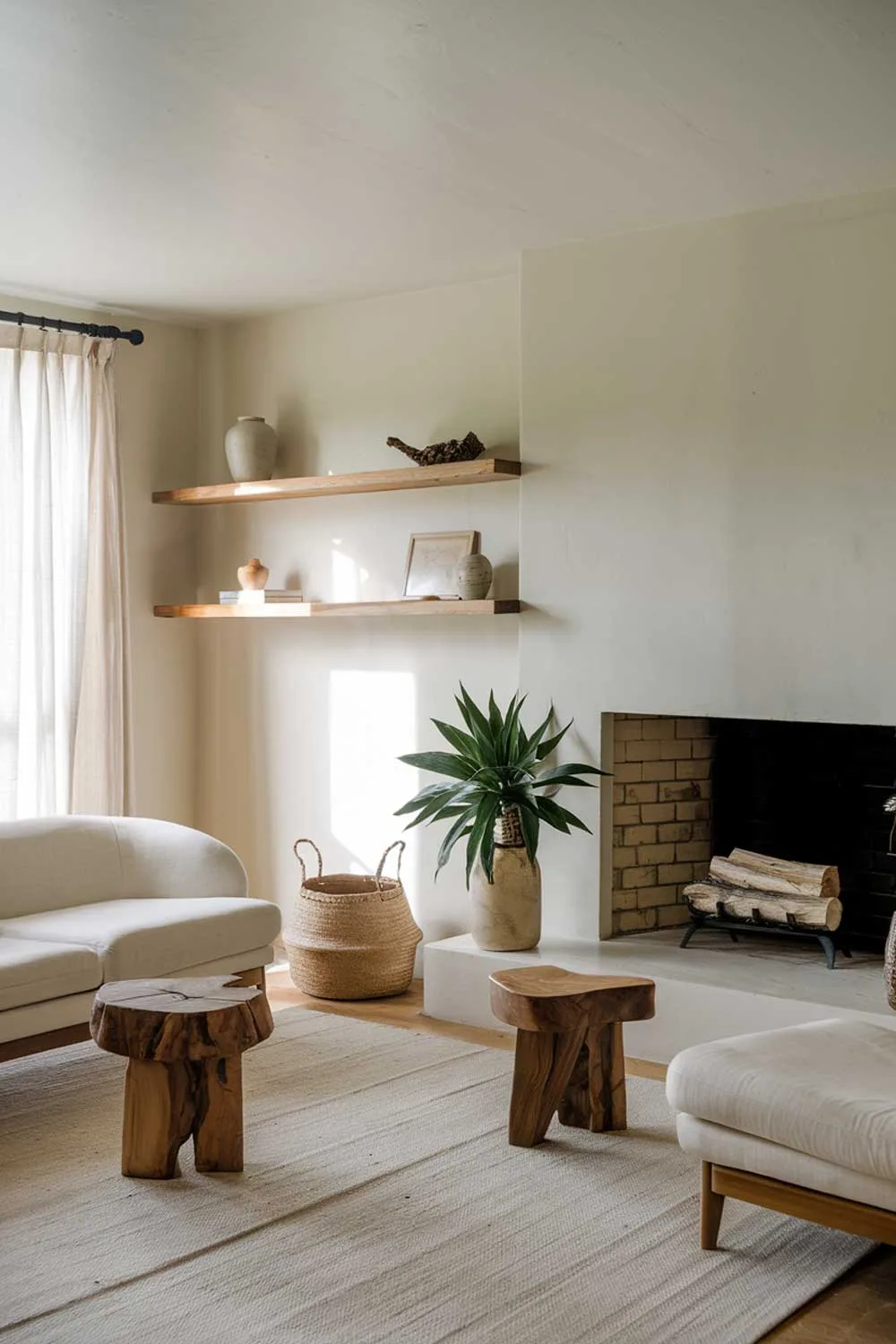 A cozy japandi minimalist living room with a fireplace. The room has a beige rug, a white couch with wooden legs, a few wooden stools, and a potted plant. The wall has a wooden shelf with a few items. The fireplace has a few logs. The room has a few decorative items, such as a vase and a basket. The walls and ceiling are painted white.