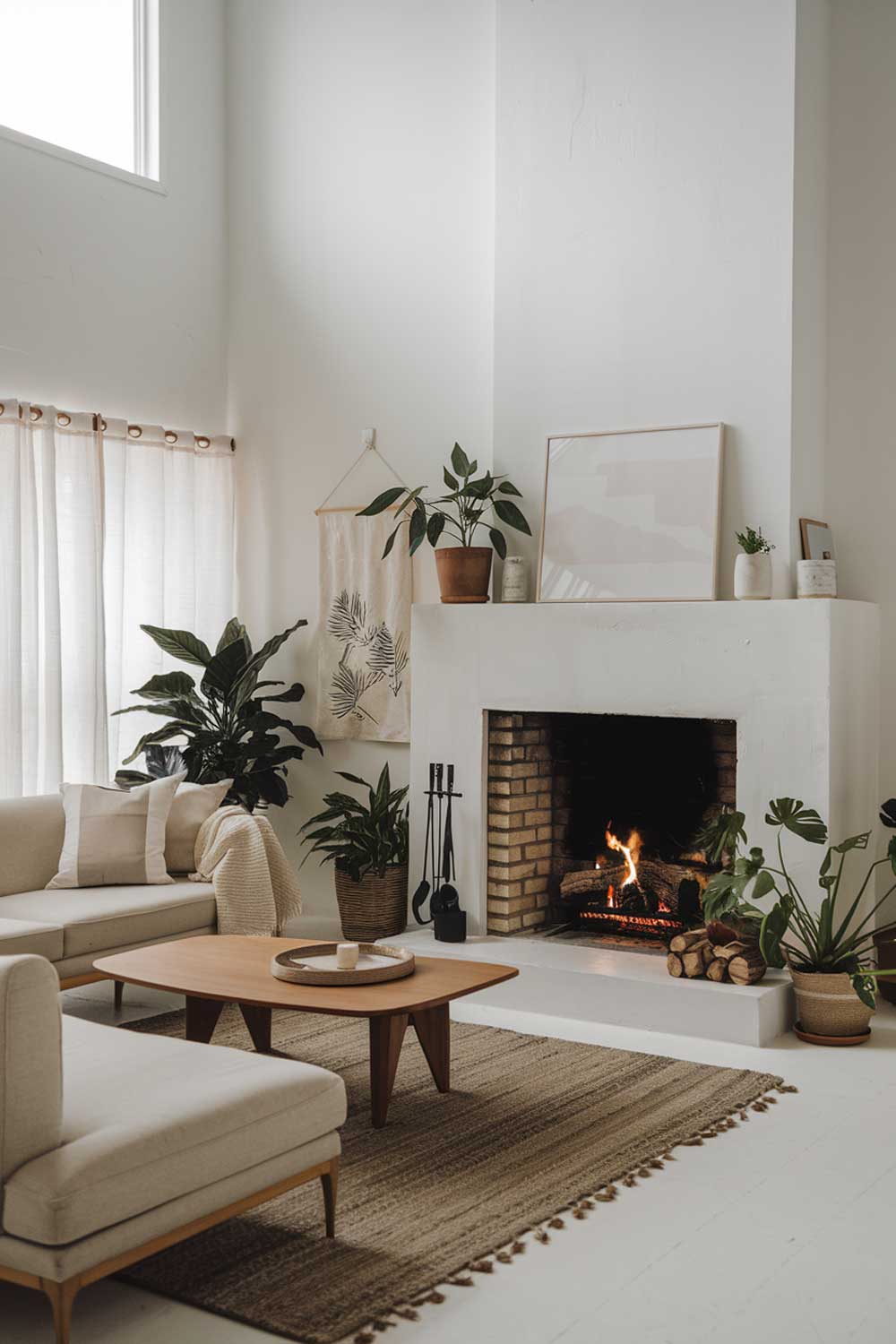 A japandi minimalist living room with a cozy fireplace. The room has a beige sofa, a few potted plants, and a wooden coffee table. There's a rug in front of the fireplace. The walls and furniture have a clean white paint job. The ceiling is high.