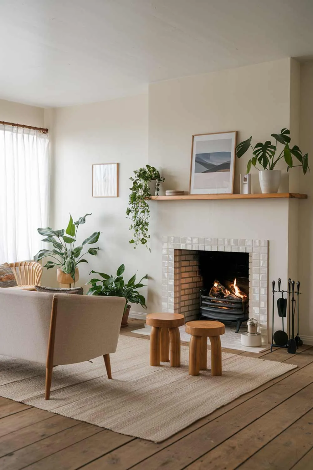 A cozy Japandi minimalist living room with a fireplace. There's a beige sofa with wooden legs, a few wooden stools, and a beige area rug. The walls are painted white, and there are a few potted plants. A wooden shelf above the fireplace holds a few items. The floor is made of wide wooden planks.