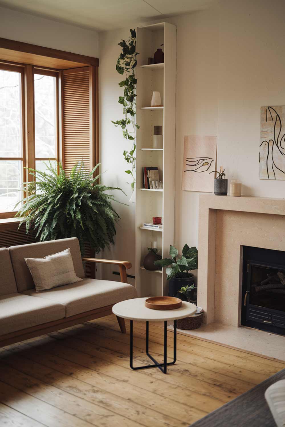 A cozy Japandi minimalist living room with a fireplace. There's a large beige sofa with wooden legs and a few pillows. Next to the sofa, there's a small white coffee table with a round wooden top and a black base. The room has a wooden floor. The wall has a few pieces of art and a tall white shelf with a few items. The fireplace has a beige surround and a dark interior. The room has a few plants and a large potted fern stands near the window. The window has wooden frames and shutters. The room has soft lighting.