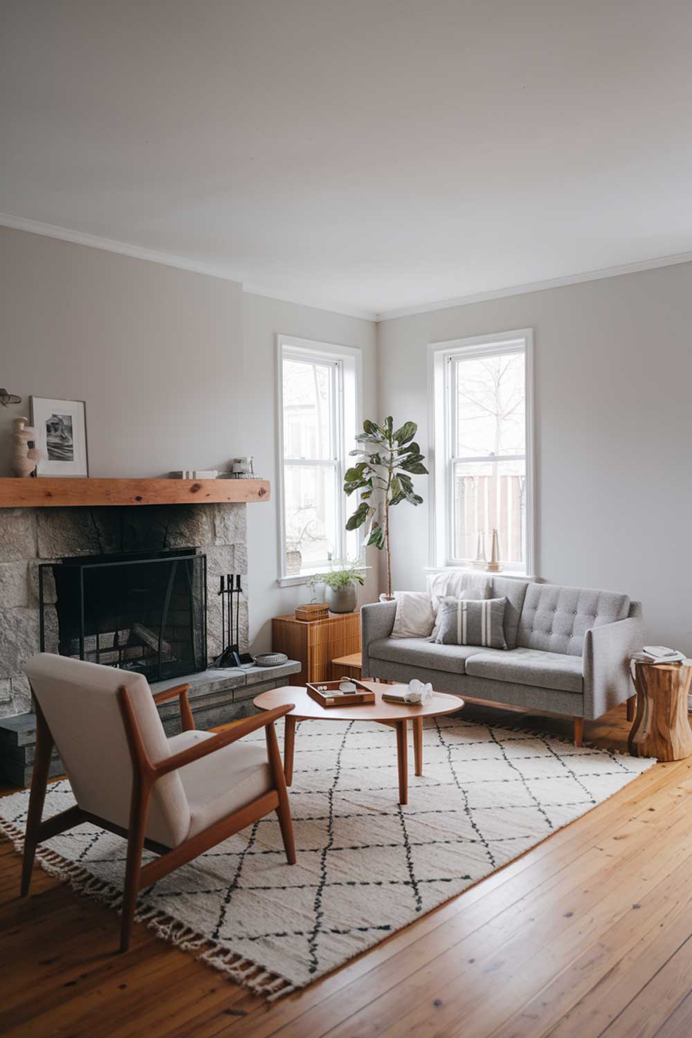 A cozy Scandinavian minimalist living room with a fireplace. The room has a wooden floor and is furnished with a gray sofa, a white chair, and a wooden coffee table. There's a plant in the corner. The walls are painted in a light gray color. A rug with a geometric pattern is placed under the furniture. The fireplace is made of stone and has a wooden mantel.