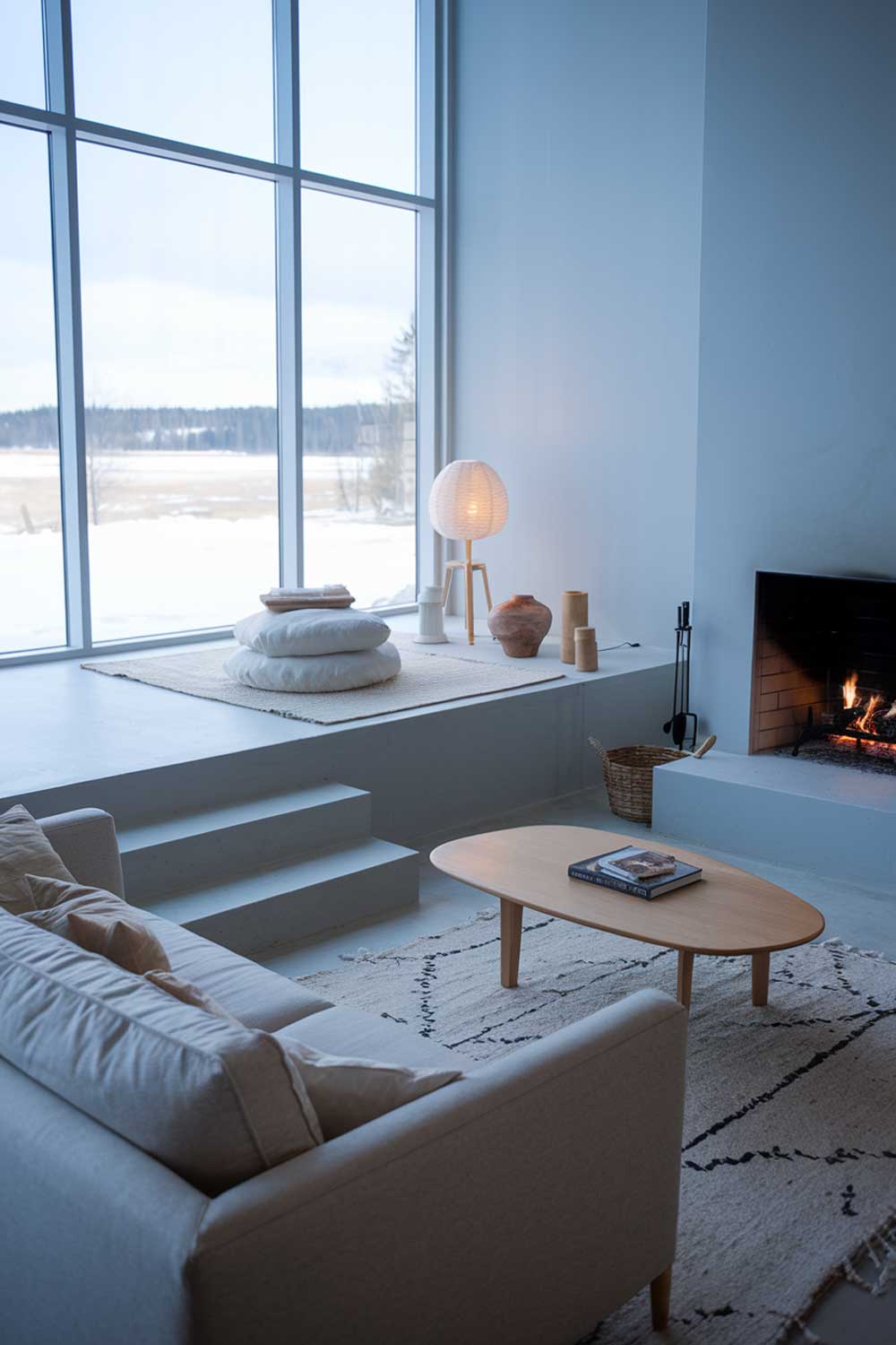 A cozy Scandinavian minimalist living room with a fireplace. There's a beige sofa with a few pillows and a wooden coffee table in the middle of the room. A few steps lead up to a platform with a rug. A lamp and a few decorative items sit on the platform. The walls are painted a light blue. Large windows overlook a snowy landscape.