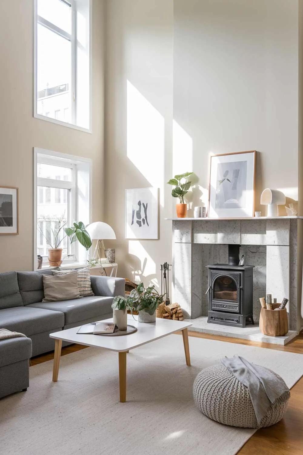 A Scandinavian minimalist living room with a cozy fireplace. The room has a high ceiling and is filled with natural light. There's a large grey sofa with a few throw pillows. A white coffee table is placed in front of the sofa. A few items, including a plant, a lamp, and a wooden object, are placed on the coffee table. The floor is covered with a beige rug. The room has a few personal items, such as a photo frame and a decorative object. The walls are painted in a light color.