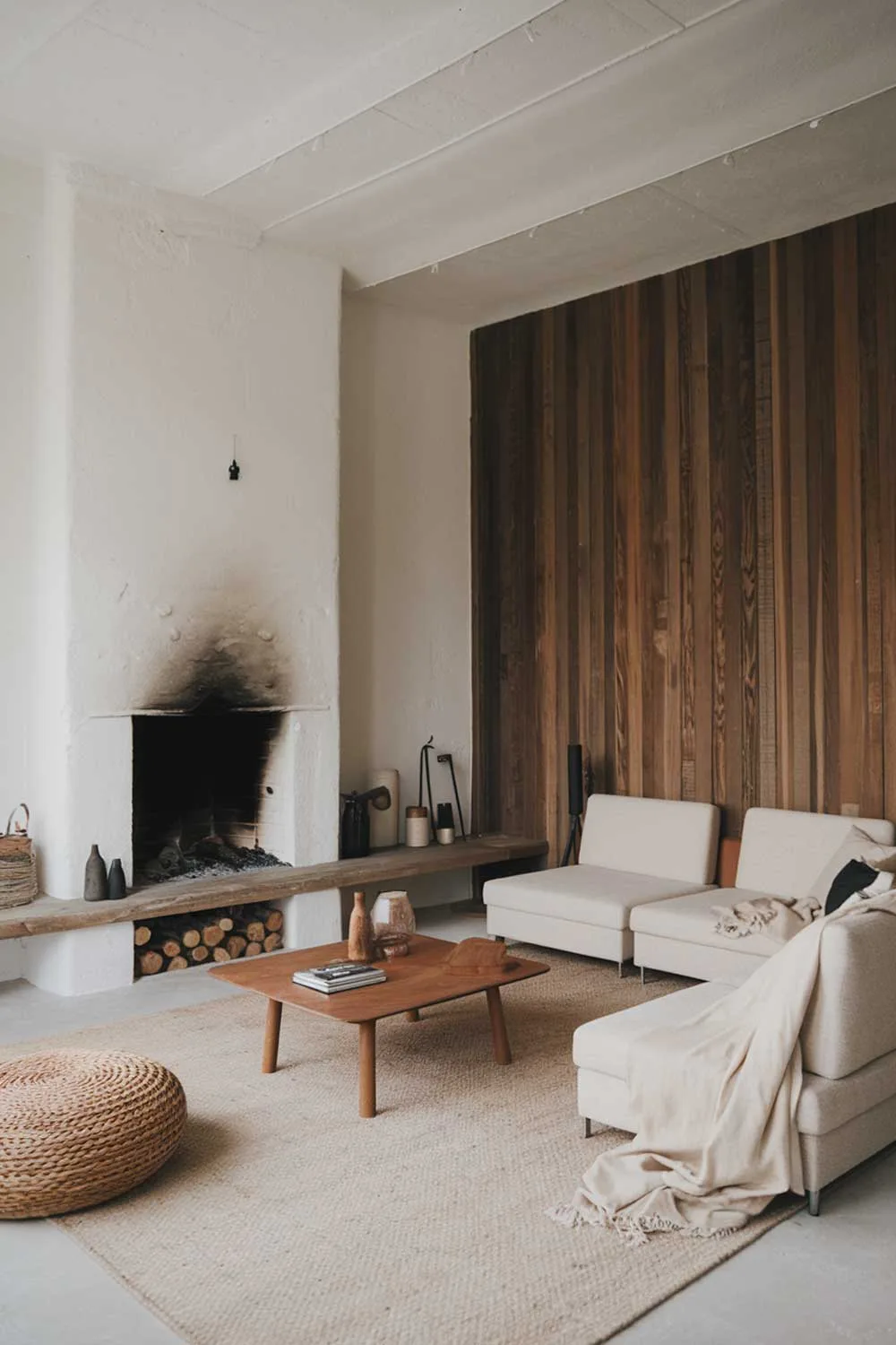 A Scandinavian minimalist living room with a fireplace. The room has a white plastered wall and a wooden wall. There is a beige sofa and a wooden coffee table in the middle of the room. A few decorative items are placed on the wooden wall and the wooden coffee table. The floor is covered with a beige rug. The room has a warm and cozy ambiance.