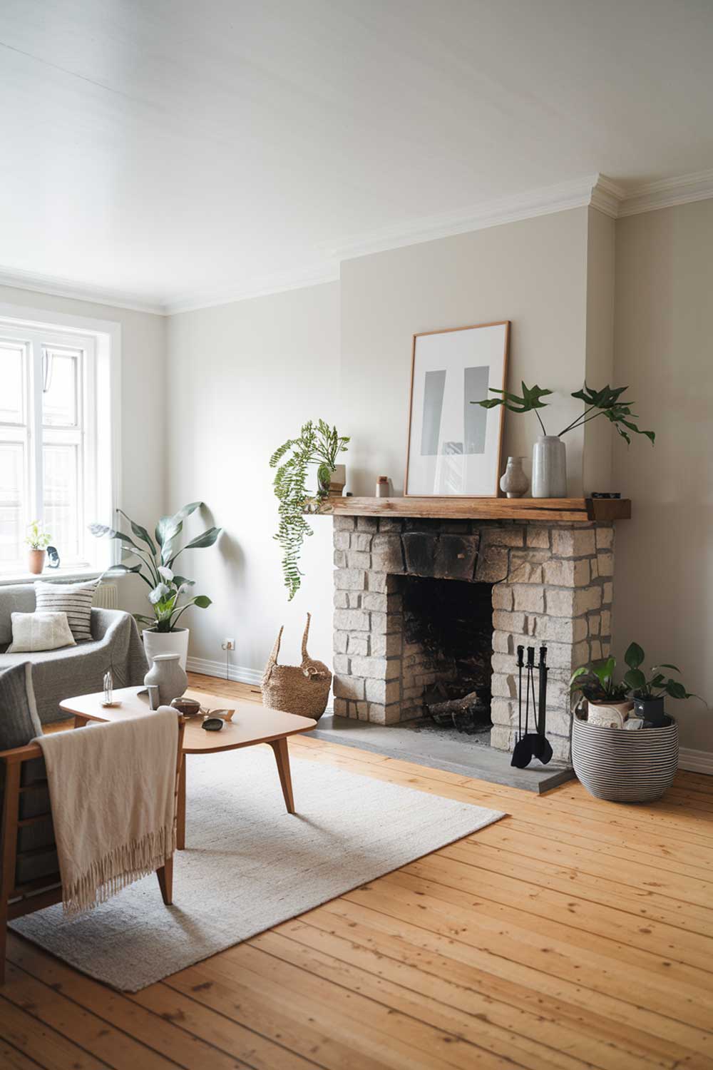 A Scandinavian minimalist living room with a fireplace. The room has a wooden floor and features a sofa, a coffee table, and a few decorative items. The fireplace is made of stone and has a wooden mantel. The walls are painted white, and there are a few plants in the room.