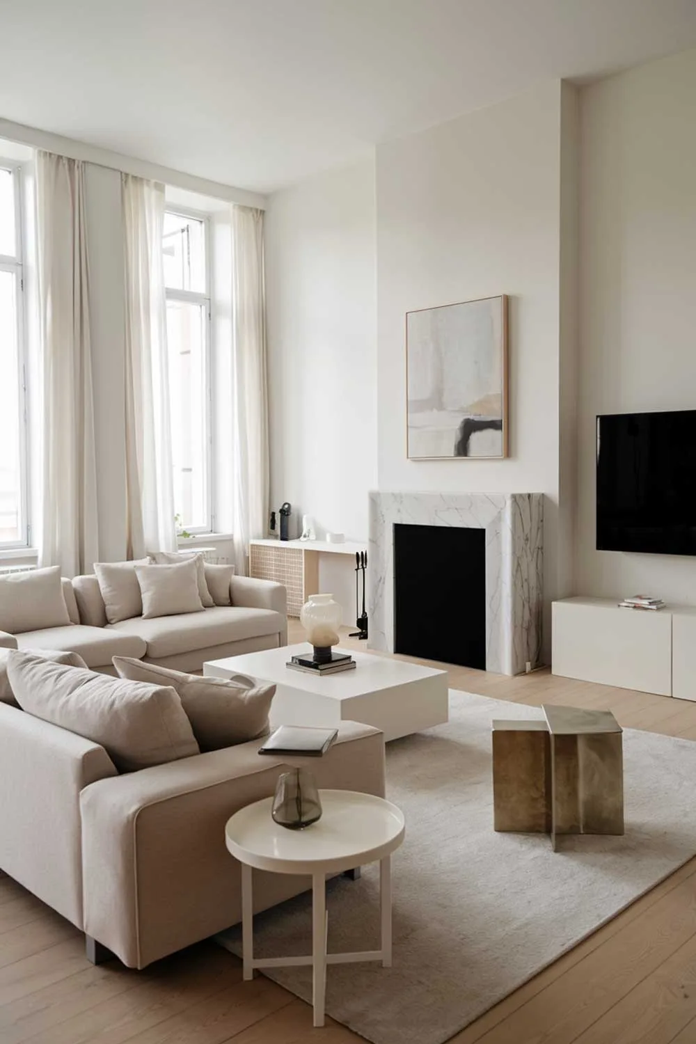  A minimalist living room with a beige sofa, a white coffee table, and a few decorative items. There's a fireplace with a white mantel and a painting above it. A black TV is mounted on the wall. The floor is made of light wood. The room has large windows with white curtains.