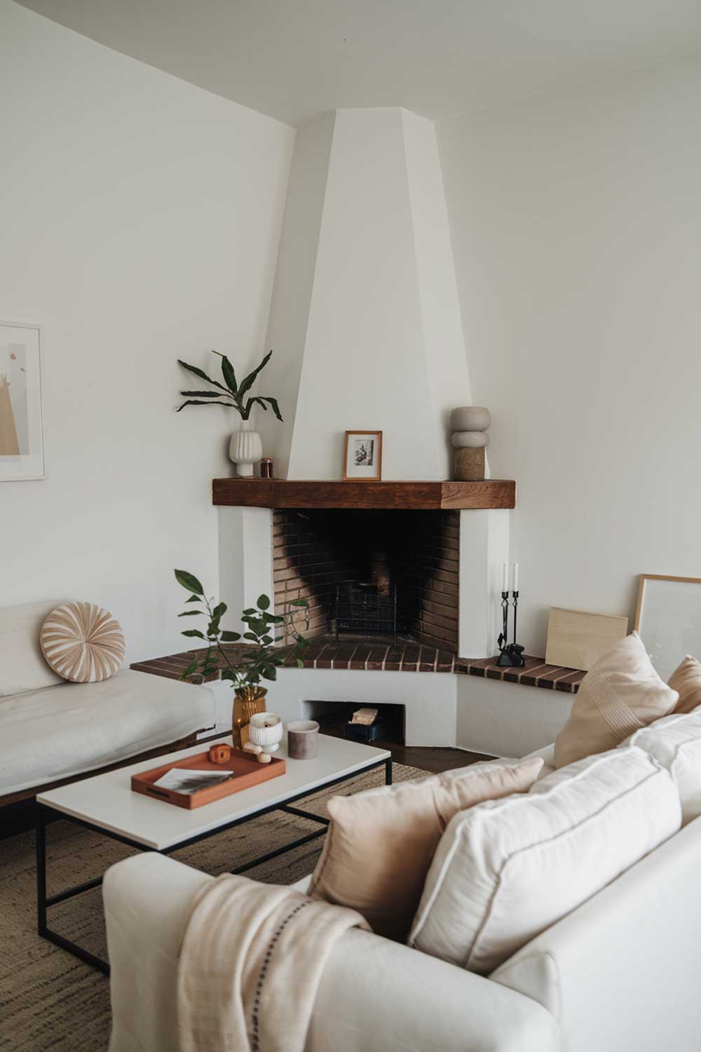 A cozy minimalist living room with a corner fireplace. There's a white sofa with a few cushions and a coffee table in the middle of the room. A few decorative pieces, such as a plant and a lamp, are placed on the coffee table. The fireplace has a wooden mantel and is surrounded by a few items, including a candle, a photo frame, and a decorative piece. The walls are painted white, and there's a rug on the floor.