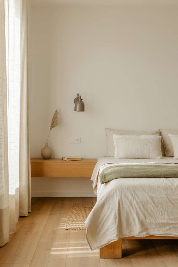 A minimalist guest bedroom with a low Japanese-style platform bed, white organic cotton bedding, sage green linen throw, and a floating oak nightstand with dried pampas grass