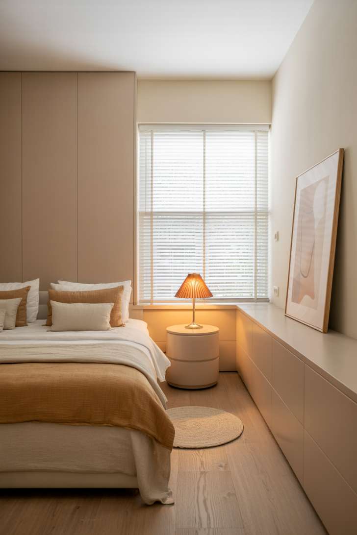 A compact minimalist guest bedroom with a twin bed in layered cream and taupe linen, a handleless built-in wardrobe, and abstract neutral art leaning against the wall