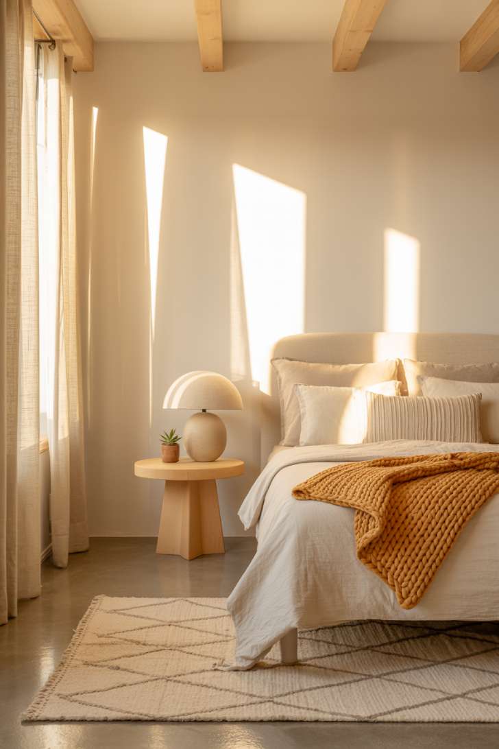 A Scandinavian minimalist guest bedroom with a boucle upholstered headboard, chunky camel throw, birch wood nightstand, and exposed ceiling beams