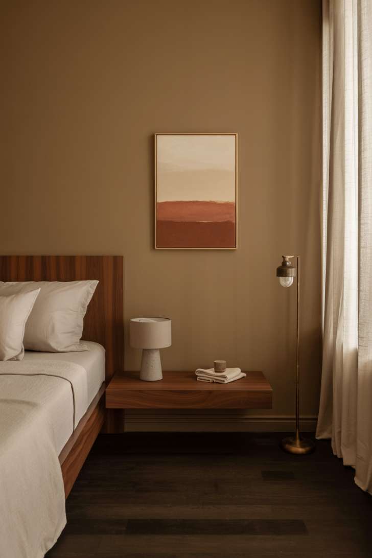 A minimalist guest bedroom with deep mushroom brown walls, white bedding on a walnut bed, a concrete table lamp, and terracotta abstract art