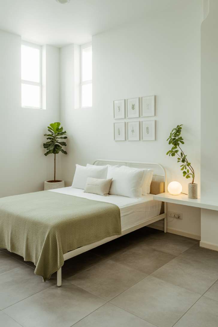 A minimalist guest bedroom with a white metal bed frame, moss green waffle-knit blanket, botanical prints, a fiddle leaf fig, and a trailing pothos on a floating shelf