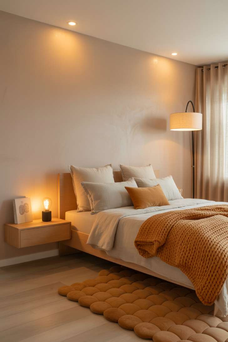 A hygge-inspired minimalist guest bedroom with ash wood platform bed, layered oat and cream linen, an amber knit throw, caramel rug, and a warm arc floor lamp