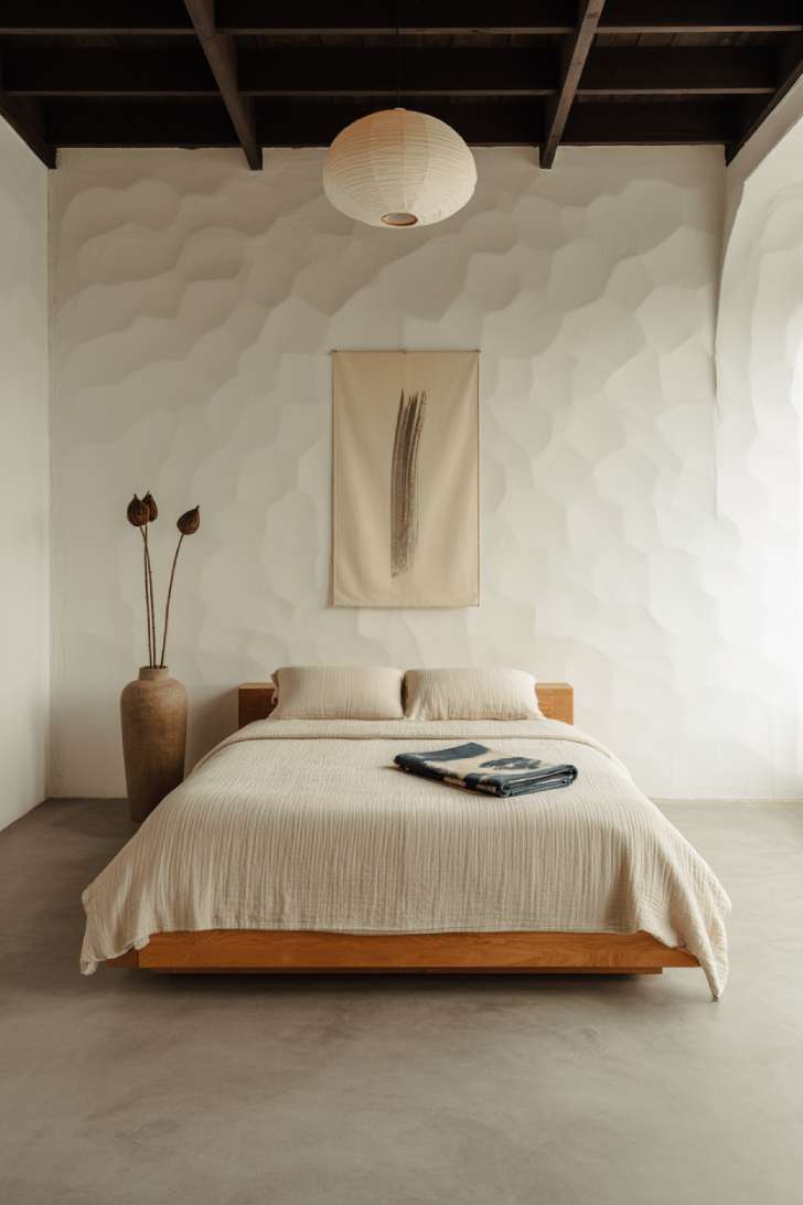 A wabi-sabi minimalist guest bedroom with a raw cedar platform bed, indigo shibori throw, limewash walls, lotus seed pods on the floor, and a rice paper pendant light