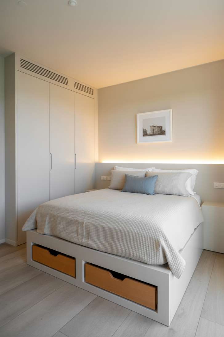 A minimalist guest bedroom with built-in platform bed with storage drawers, wall niche nightstand with LED strip lighting, built-in wardrobe, and a single black and white photograph
