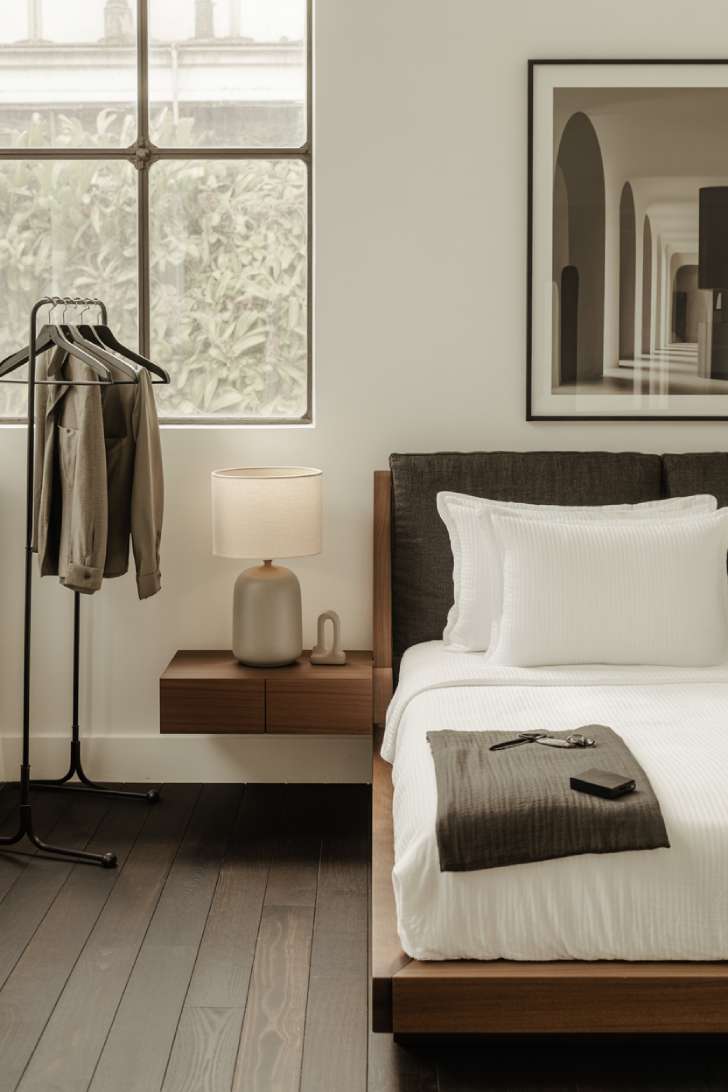 A minimalist guest bedroom with a charcoal linen upholstered bed, crisp white hotel bedding, dark walnut floating nightstand, dark oak flooring, and an oversized black and white architectural photograph