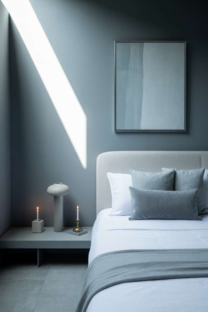 A minimalist guest bedroom with a white lacquered bed, pale cool gray boucle headboard, ice gray linen bedding, cool gray walls, polished concrete floor, and dramatic diagonal window light