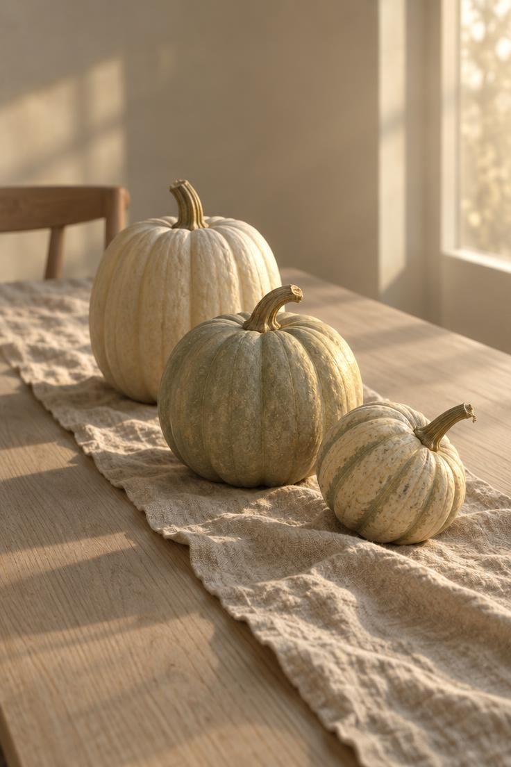 13 Warm Minimalist Halloween Ideas for a Calm Autumn Home 2 Three cream and sage heirloom pumpkins of different heights along an oatmeal linen runner on a pale ash dining table.