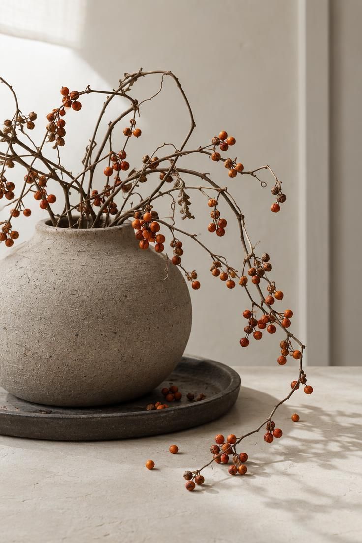 13 Warm Minimalist Halloween Ideas for a Calm Autumn Home 3 A low unglazed stoneware vase with dried bittersweet vines trailing past its rim onto a pale plaster tabletop.
