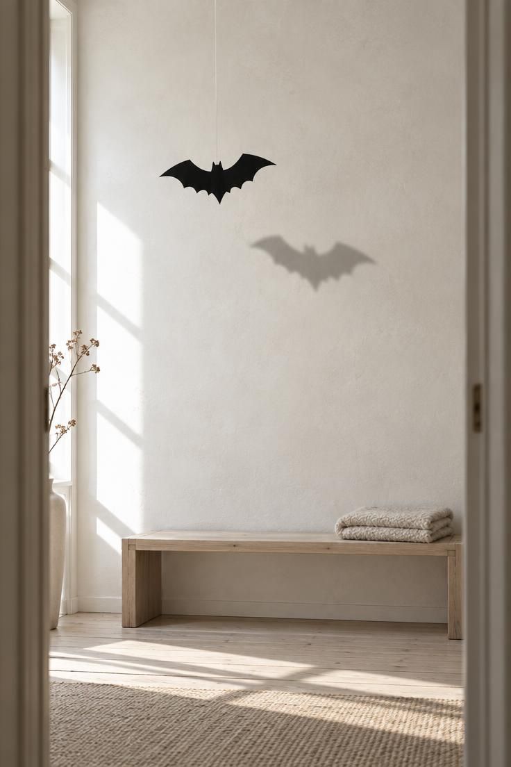 13 Warm Minimalist Halloween Ideas for a Calm Autumn Home 4 A single black paper bat silhouette on an off-white wall above a pale wood bench in bright midday light.