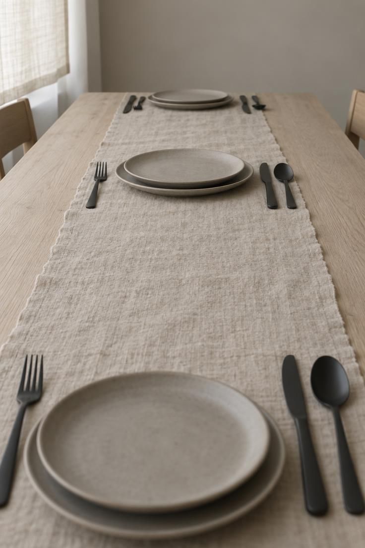 13 Warm Minimalist Halloween Ideas for a Calm Autumn Home 6 Matte black flatware laid on an oatmeal linen runner over a pale wood dining table with no centerpiece.