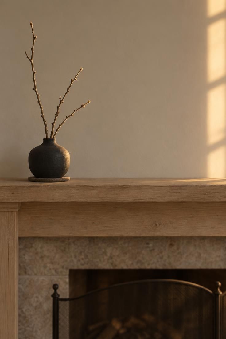 13 Warm Minimalist Halloween Ideas for a Calm Autumn Home 7 A low matte black ceramic vase holding three bare twigs on a pale wood mantel against a warm white wall.
